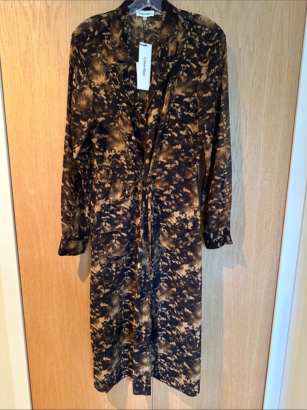 Calvin Klein NWT Black & Brown Tie-Front Printed Midi Dress